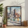 05 - Boston Harbor Watercolor Canvas Print with Brown Floater Frame - Standing on Floor - Vertical.jpg