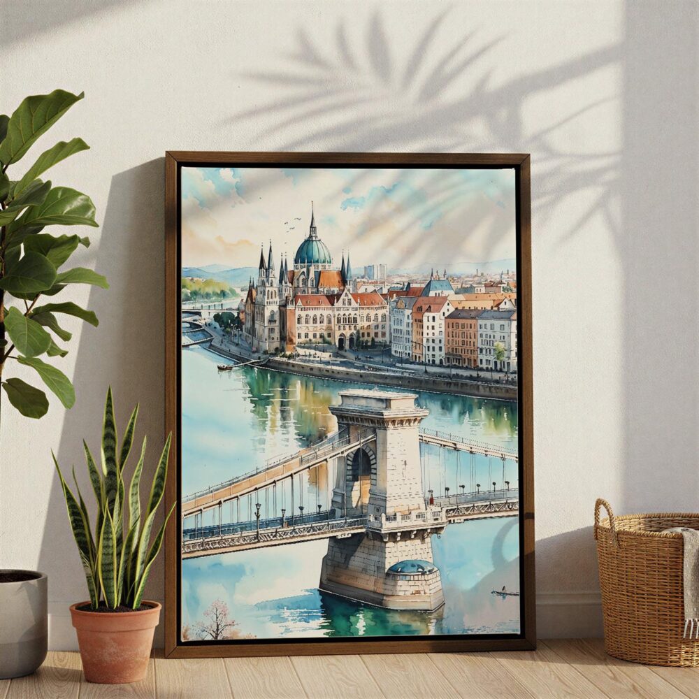 05 - Budapest Hungary Watercolor Canvas Print with Brown Floater Frame - Standing on Floor - Vertical.jpg 05 - Budapest Hungary Watercolor Canvas Print with Brown Floater Frame - Standing on Floor - Vertical.jpg