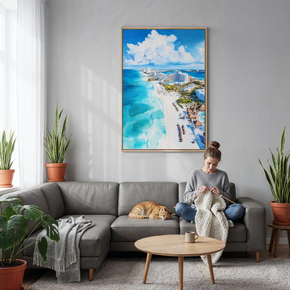 05 - Cancun Mexico Watercolor Canvas Print with Natural Floater Frame - Woman Knitting on grey couch - Vertical.jpg 05 - Cancun Mexico Watercolor Canvas Print with Natural Floater Frame - Woman Knitting on grey couch - Vertical.jpg