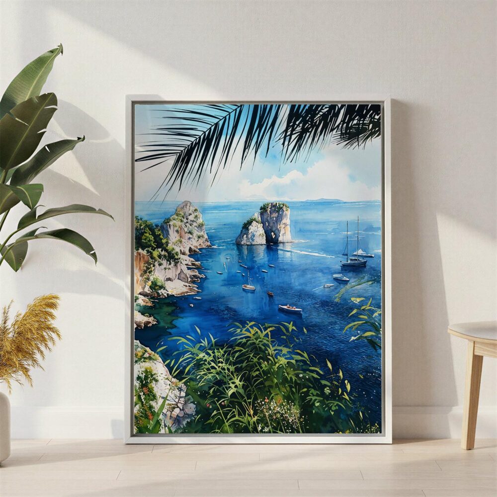 05 - Capri Italy Watercolor Canvas Print with White Floater Frame - Standing on Floor - Vertical.jpg 05 - Capri Italy Watercolor Canvas Print with White Floater Frame - Standing on Floor - Vertical.jpg