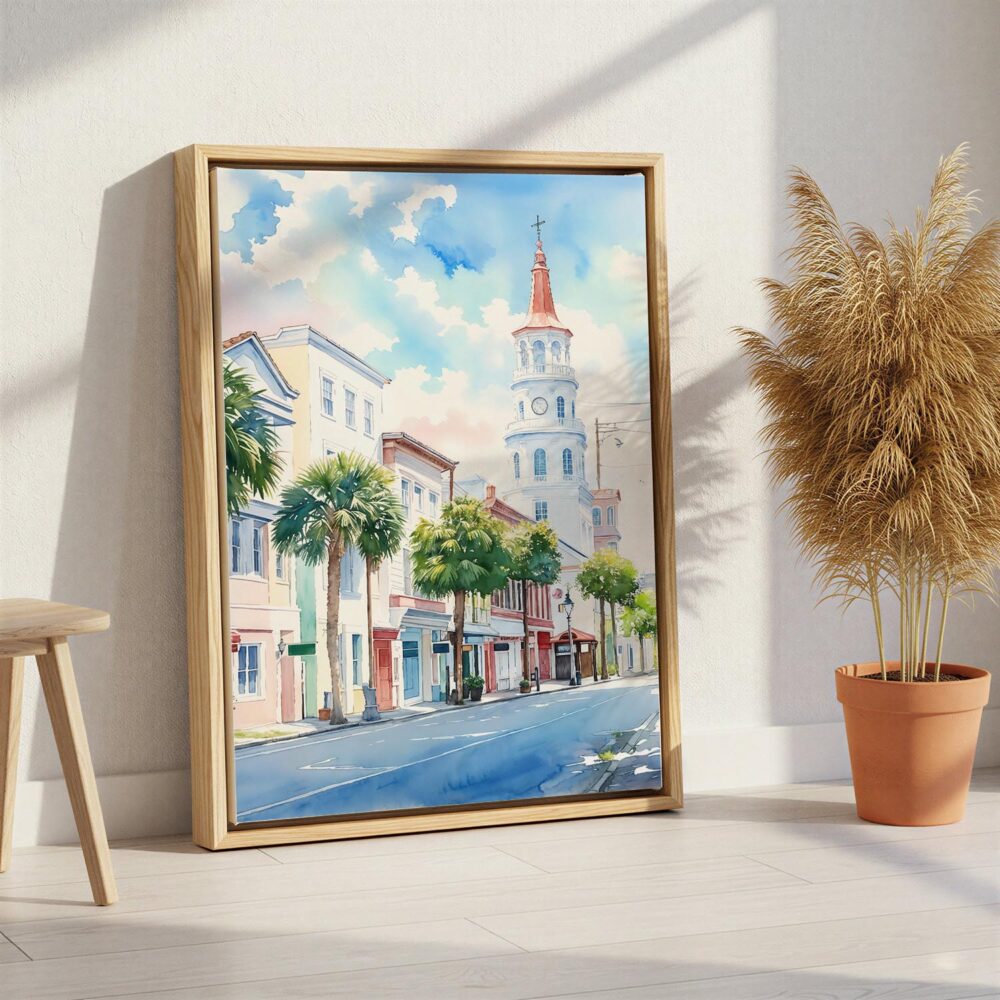 05 - Charleston SC Watercolor Canvas Print with Natural Floater Frame - Standing on Floor - Vertical.jpg 05 - Charleston SC Watercolor Canvas Print with Natural Floater Frame - Standing on Floor - Vertical.jpg