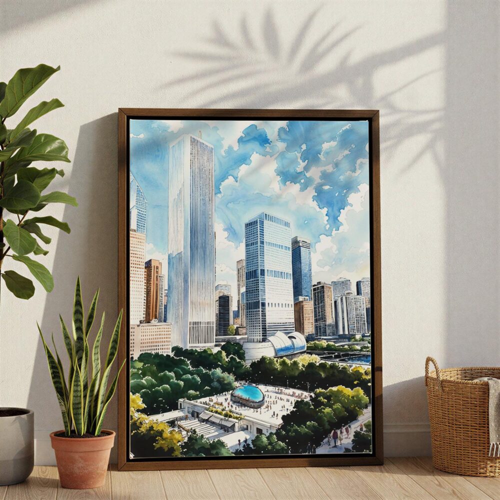 05 - Chicago Millenium Park Watercolor Canvas Print with Brown Floater Frame - Standing on Floor - Vertical.jpg 05 - Chicago Millenium Park Watercolor Canvas Print with Brown Floater Frame - Standing on Floor - Vertical.jpg