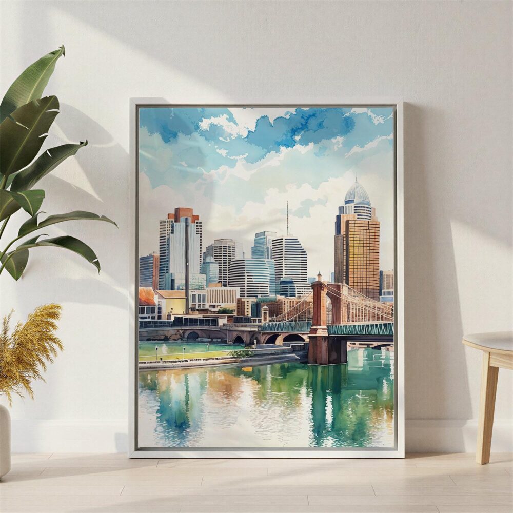 05 - Cincinnati Ohio Watercolor Canvas Print with White Floater Frame - Standing on Floor - Vertical.jpg 05 - Cincinnati Ohio Watercolor Canvas Print with White Floater Frame - Standing on Floor - Vertical.jpg
