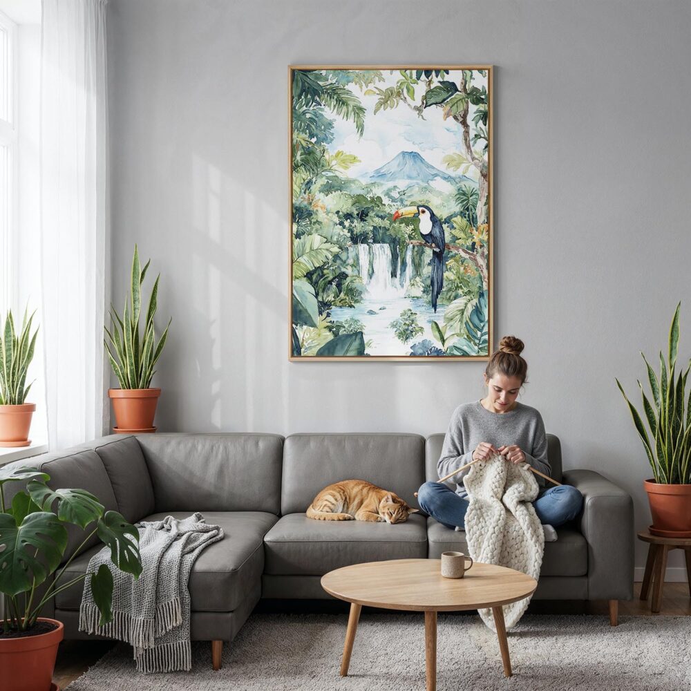 05 - Costa Rica Arenal Vulcano Watercolor Canvas Print with Natural Floater Frame - Woman Knitting on grey couch - Vertical.jpg 05 - Costa Rica Arenal Vulcano Watercolor Canvas Print with Natural Floater Frame - Woman Knitting on grey couch - Vertical.jpg