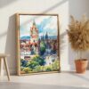 05 - Edinburgh Skyline Watercolor Canvas Print with Natural Floater Frame - Standing on Floor - Vertical.jpg