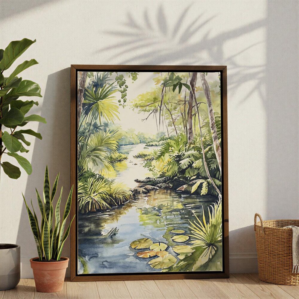 05 - Floride Everglades Watercolor 2 Canvas Print with Brown Floater Frame - Standing on Floor - Vertical.jpg 05 - Floride Everglades Watercolor 2 Canvas Print with Brown Floater Frame - Standing on Floor - Vertical.jpg