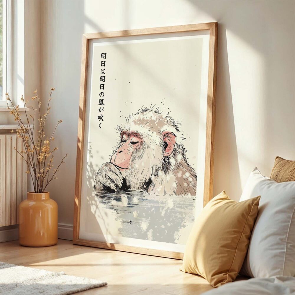 05 - Frame Japanese Macaque in Onsen Vintage Illustration - 明日は明日の風が吹 - Tomorrow’s wind will blow tomorrow. art print leaning against wall on floor.jpg 05 - Frame Japanese Macaque in Onsen Vintage Illustration - 明日は明日の風が吹 - Tomorrow’s wind will blow tomorrow. art print leaning against wall on floor.jpg
