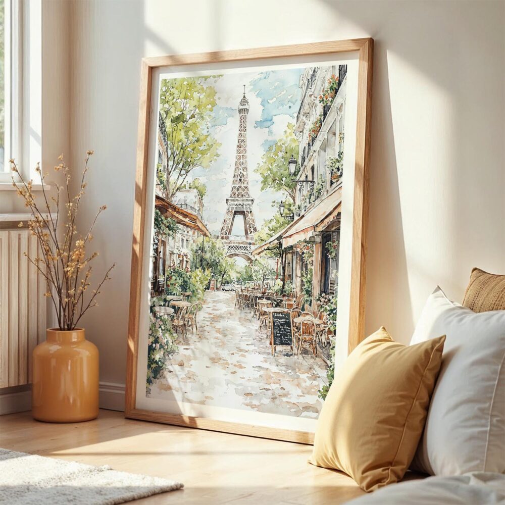 05 - Frame Paris Cafe street scene with eiffel tower Watercolor@2x art print leaning against wall on floor.jpg 05 - Frame Paris Cafe street scene with eiffel tower Watercolor@2x art print leaning against wall on floor.jpg