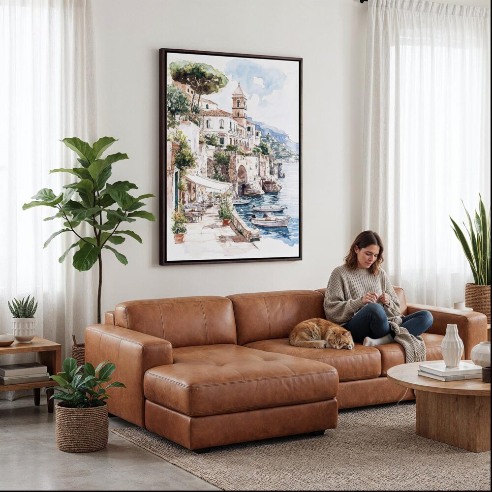 05 - Framed Amalfi - Watercolor Canvas Print - Woman Knitting on leather couch - Vertical.jpg 05 - Framed Amalfi - Watercolor Canvas Print - Woman Knitting on leather couch - Vertical.jpg