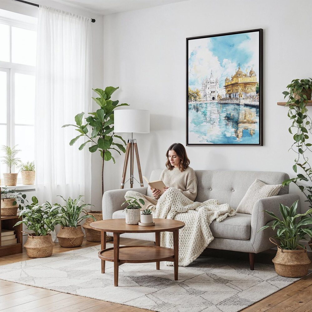 05 - Framed Amritsar Golden Temple Watercolor Canvas Print - Woman reading on couch - Vertical.jpg 05 - Framed Amritsar Golden Temple Watercolor Canvas Print - Woman reading on couch - Vertical.jpg