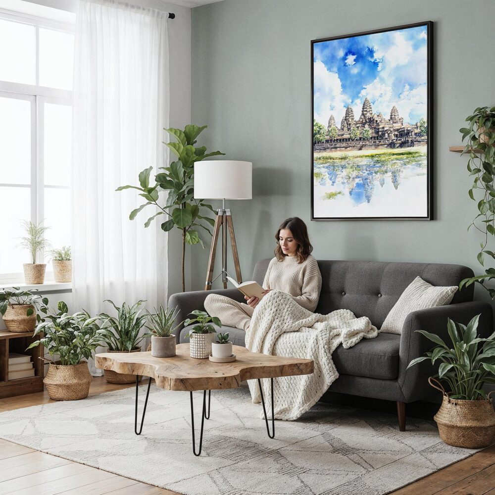 05 - Framed Angkor Wat Cambodia Watercolor Canvas Print - Woman reading in Boho Living Room - Vertical.jpg 05 - Framed Angkor Wat Cambodia Watercolor Canvas Print - Woman reading in Boho Living Room - Vertical.jpg