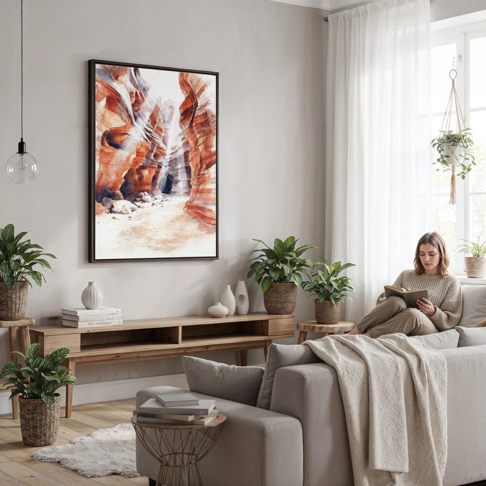 05 - Framed Antelope Canyon Watercolor Canvas Print - Woman reading in modern Living Room - Vertical.jpg 05 - Framed Antelope Canyon Watercolor Canvas Print - Woman reading in modern Living Room - Vertical.jpg