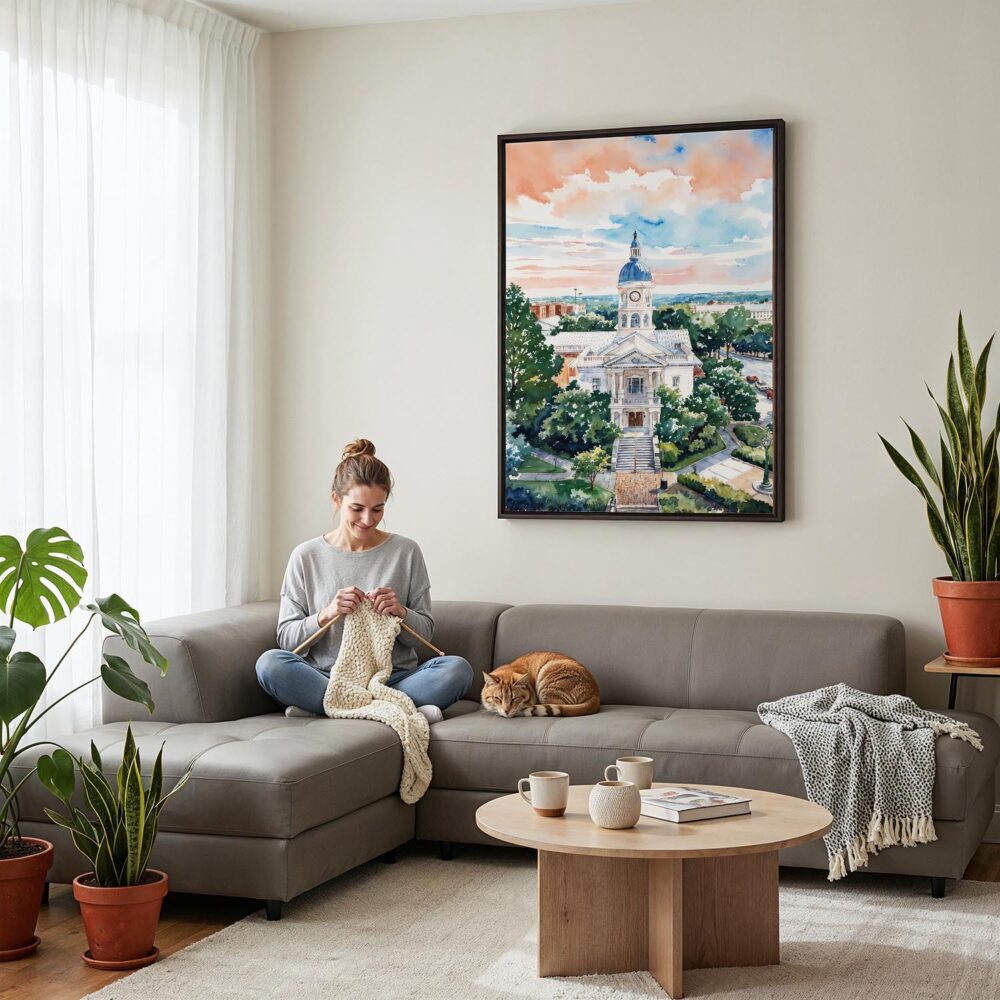 05 - Framed Athens Georgia Watercolor Canvas Print - Woman Knitting on grey couch - Vertical.jpg 05 - Framed Athens Georgia Watercolor Canvas Print - Woman Knitting on grey couch - Vertical.jpg