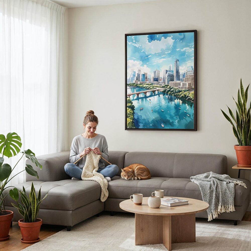 05 - Framed Austin Texas Watercolor Canvas Print - Woman Knitting on grey couch - Vertical.jpg 05 - Framed Austin Texas Watercolor Canvas Print - Woman Knitting on grey couch - Vertical.jpg