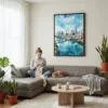05 - Framed Austin Texas Watercolor Canvas Print - Woman Knitting on grey couch - Vertical.jpg