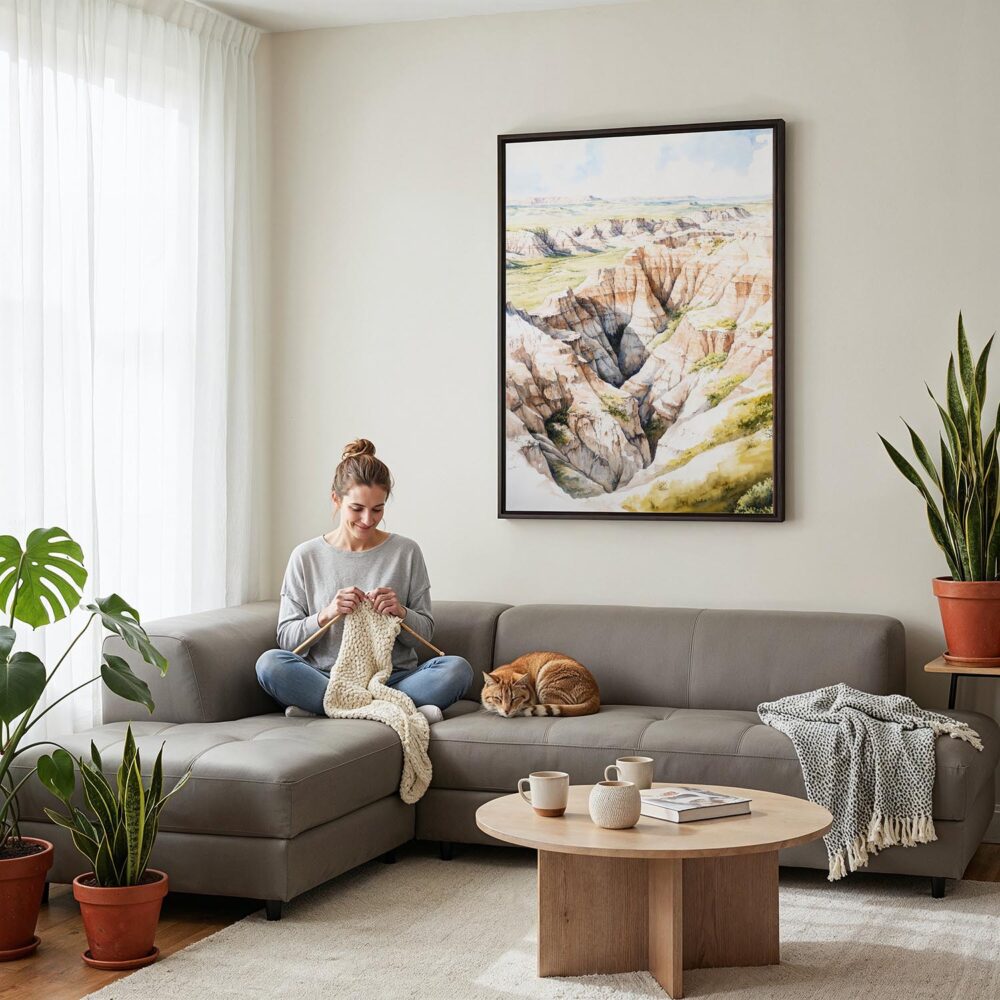 05 - Framed Badlands Watercolor Canvas Print - Woman Knitting on grey couch - Vertical.jpg 05 - Framed Badlands Watercolor Canvas Print - Woman Knitting on grey couch - Vertical.jpg