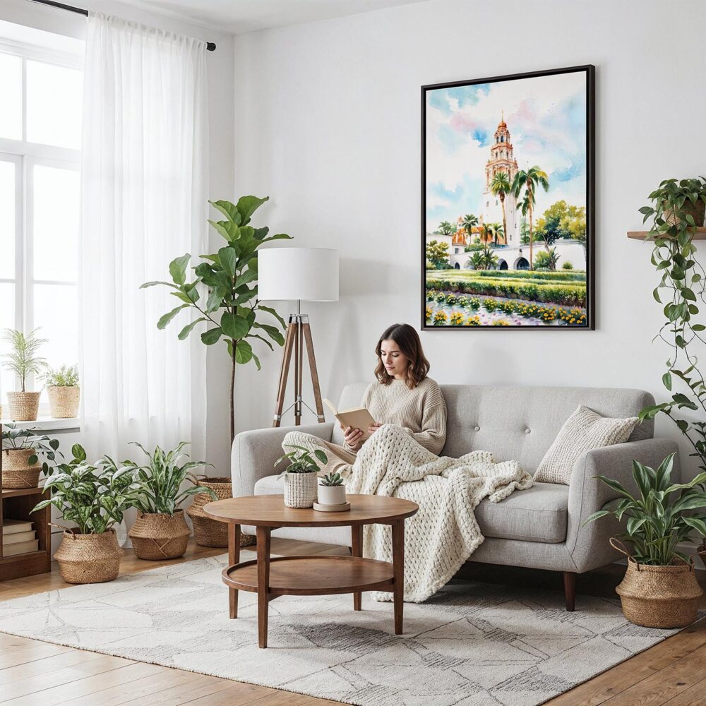 05 - Framed Balboa Park California Tower Watercolor Canvas Print - Woman reading on couch - Vertical.jpg 05 - Framed Balboa Park California Tower Watercolor Canvas Print - Woman reading on couch - Vertical.jpg