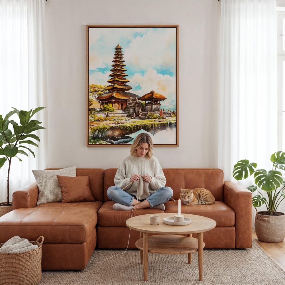 05 - Framed Bali Temple Watercolor Canvas Print - Woman Knitting - Vertical.jpg 05 - Framed Bali Temple Watercolor Canvas Print - Woman Knitting - Vertical.jpg