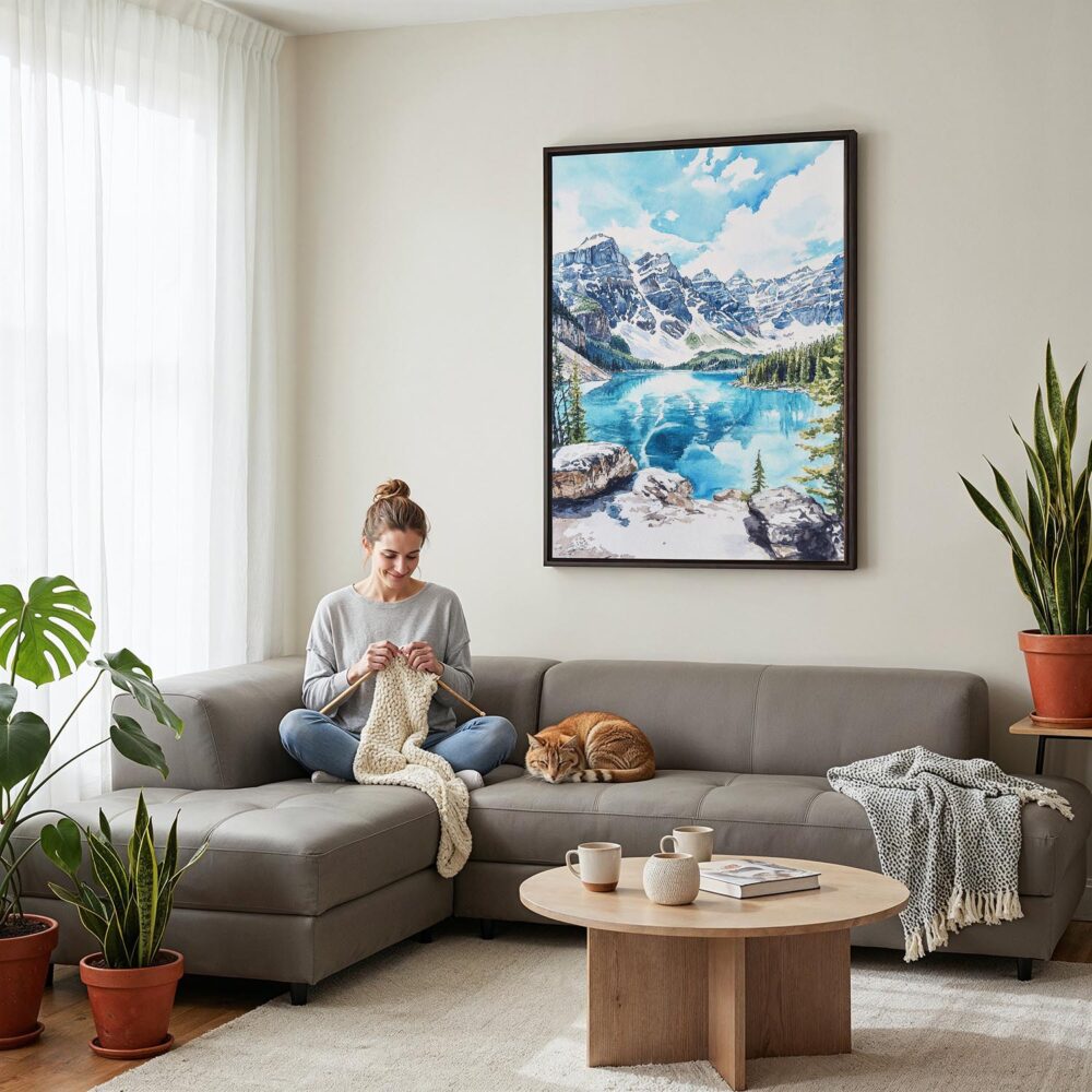 05 - Framed Banff National Park Watercolor Canvas Print - Woman Knitting on grey couch - Vertical.jpg 05 - Framed Banff National Park Watercolor Canvas Print - Woman Knitting on grey couch - Vertical.jpg
