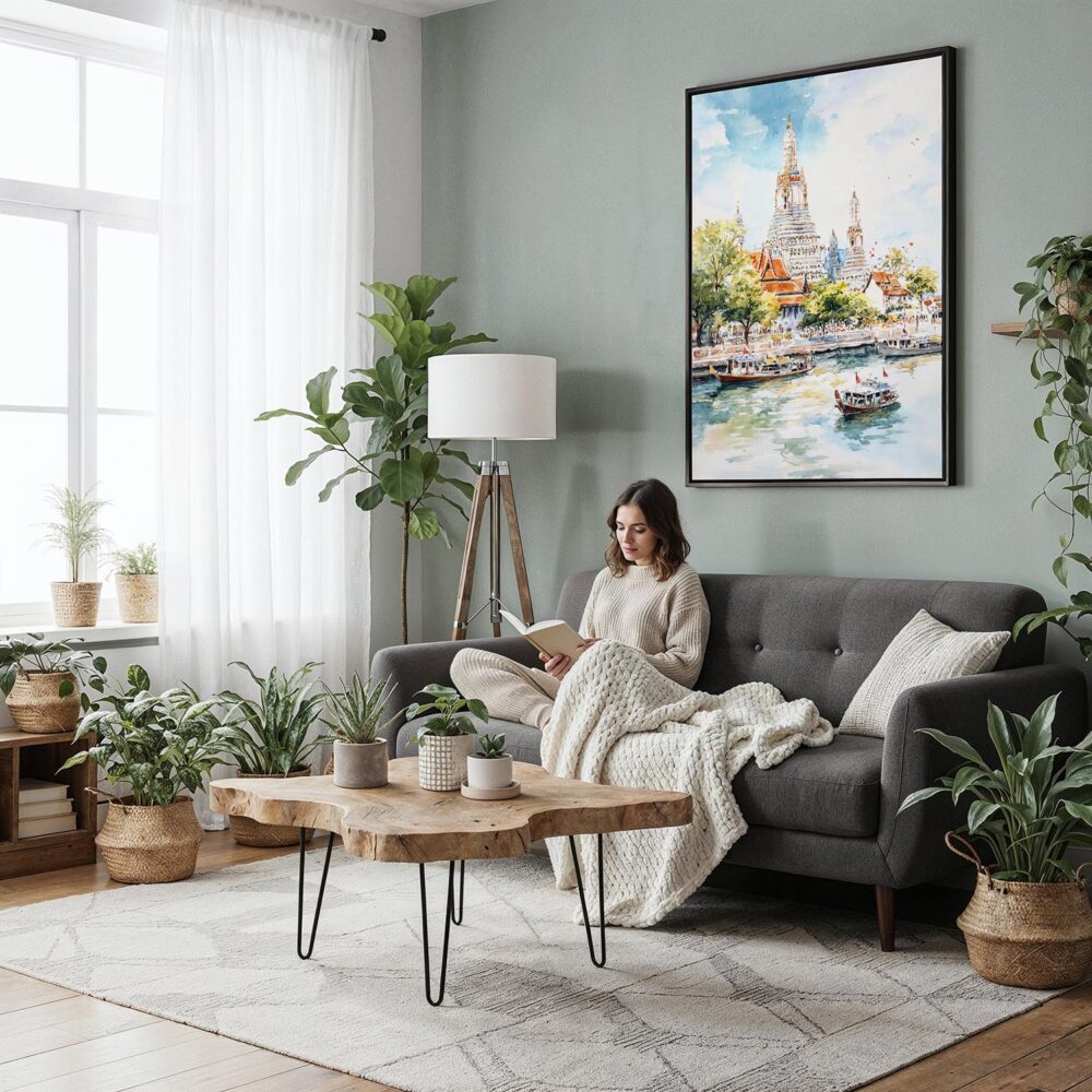05 - Framed Bangkok Wat Arun Watercolor Canvas Print - Woman reading in Boho Living Room - Vertical.jpg 05 - Framed Bangkok Wat Arun Watercolor Canvas Print - Woman reading in Boho Living Room - Vertical.jpg