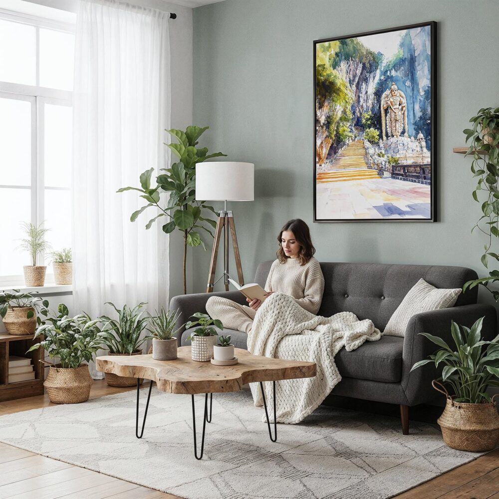 05 - Framed Batu Caves Watercolor Canvas Print - Woman reading in Boho Living Room - Vertical.jpg 05 - Framed Batu Caves Watercolor Canvas Print - Woman reading in Boho Living Room - Vertical.jpg