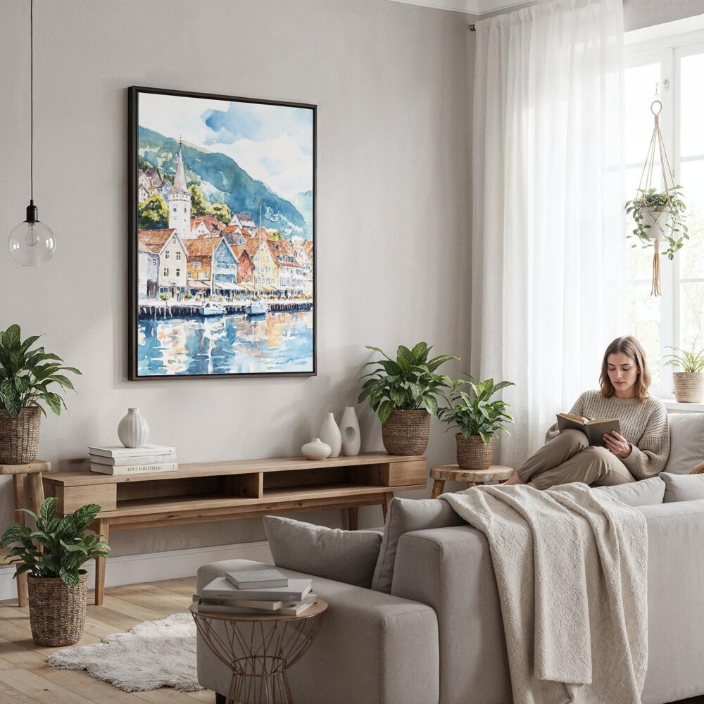 05 - Framed Bergen Norway Waterfront Watercolor Canvas Print - Woman reading in modern Living Room - Vertical.jpg 05 - Framed Bergen Norway Waterfront Watercolor Canvas Print - Woman reading in modern Living Room - Vertical.jpg