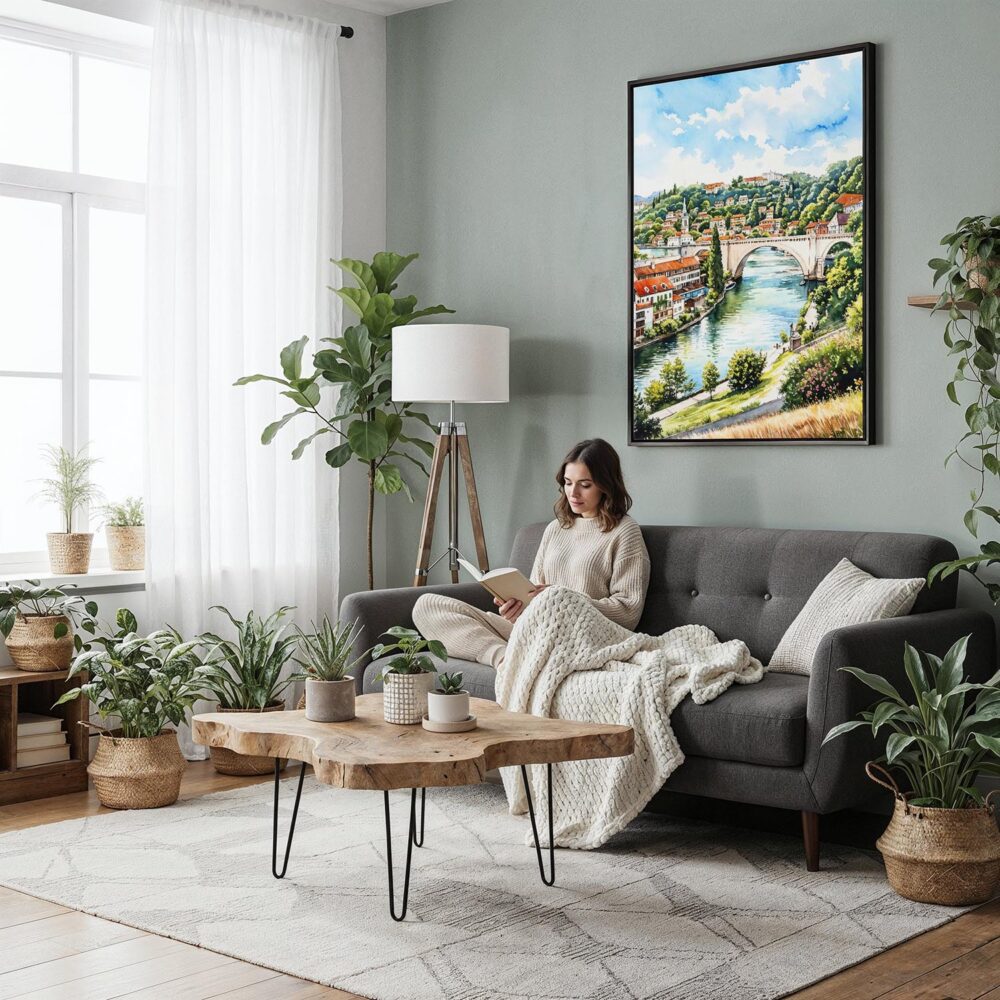 05 - Framed Bern Switzerland Watercolor Canvas Print - Woman reading in Boho Living Room - Vertical.jpg 05 - Framed Bern Switzerland Watercolor Canvas Print - Woman reading in Boho Living Room - Vertical.jpg