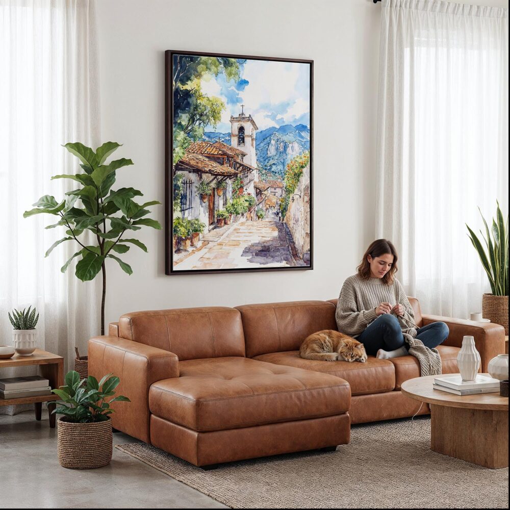 05 - Framed Bogota Colombia Watercolor Canvas Print - Woman Knitting on leather couch - Vertical.jpg 05 - Framed Bogota Colombia Watercolor Canvas Print - Woman Knitting on leather couch - Vertical.jpg
