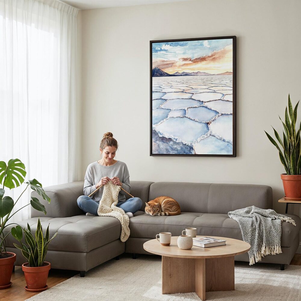 05 - Framed Bolivia Salar de Uyuni Watercolor Canvas Print - Woman Knitting on grey couch - Vertical.jpg 05 - Framed Bolivia Salar de Uyuni Watercolor Canvas Print - Woman Knitting on grey couch - Vertical.jpg