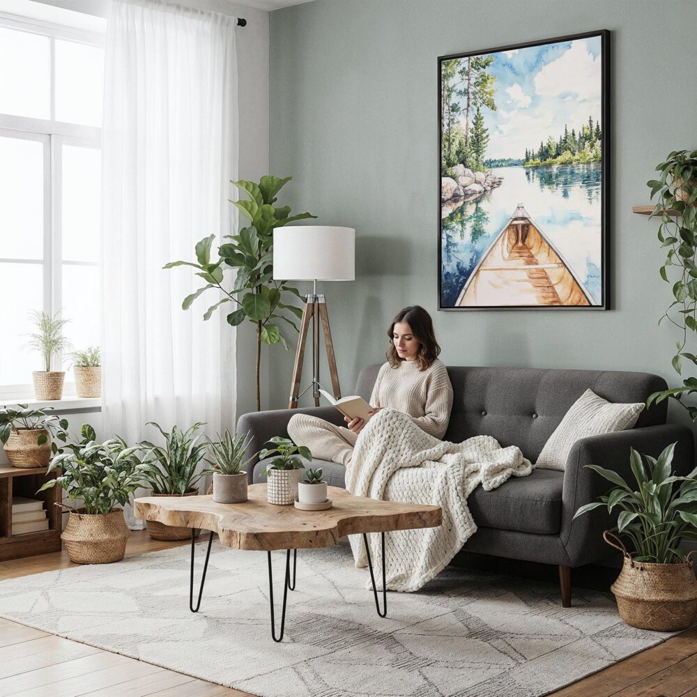 05 - Framed Boundary Waters Minnesota Watercolor Canvas Print - Woman reading in Boho Living Room - Vertical.jpg 05 - Framed Boundary Waters Minnesota Watercolor Canvas Print - Woman reading in Boho Living Room - Vertical.jpg