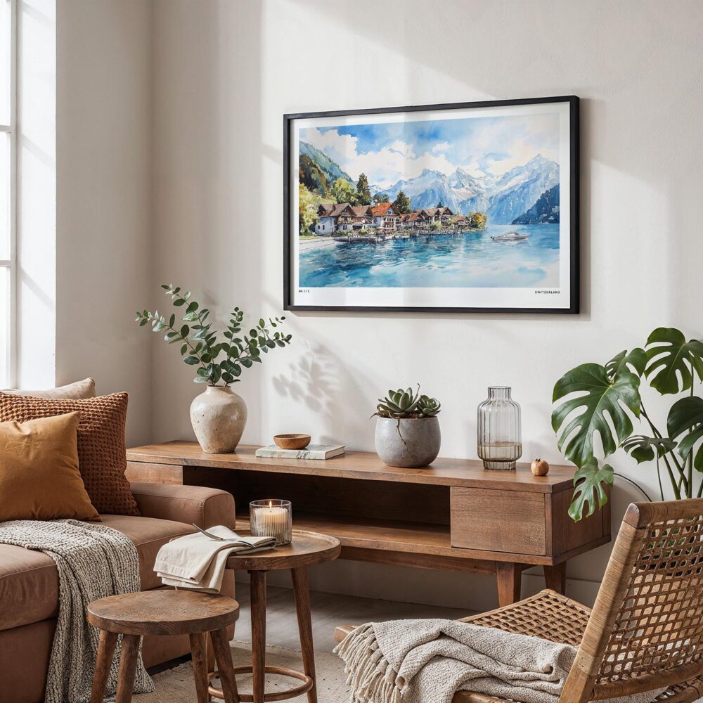 05 - Framed Brienz Watercolor - Horizontal Art Print in Boho Living Room.jpg 05 - Framed Brienz Watercolor - Horizontal Art Print in Boho Living Room.jpg