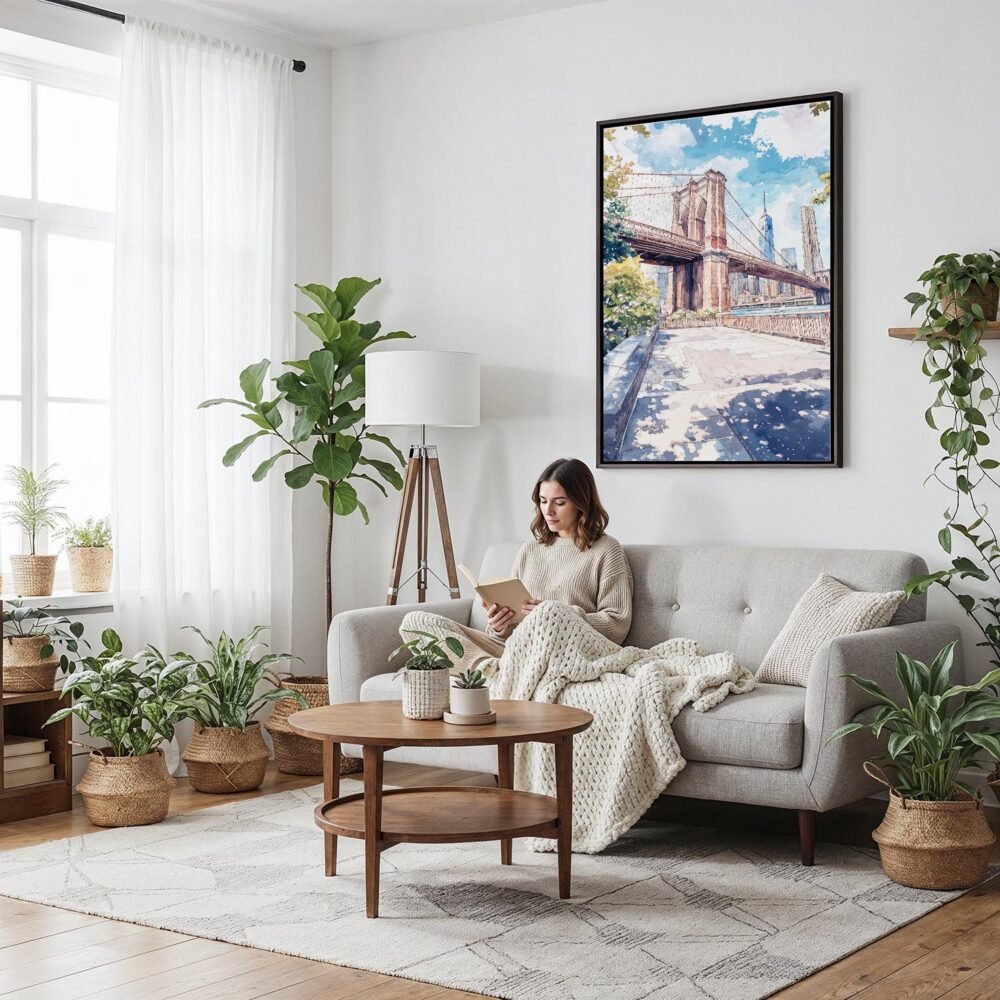 05 - Framed Brooklyn Bridge - Watercolor Canvas Print - Woman reading on couch - Vertical.jpg 05 - Framed Brooklyn Bridge - Watercolor Canvas Print - Woman reading on couch - Vertical.jpg