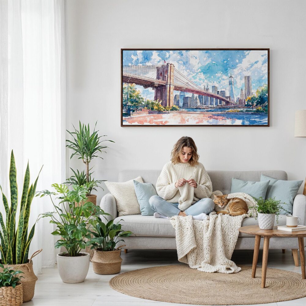 05 - Framed Brooklyn Bridge Watercolor Panorama Canvas Print - Woman Knitting on Sofa.jpg 05 - Framed Brooklyn Bridge Watercolor Panorama Canvas Print - Woman Knitting on Sofa.jpg