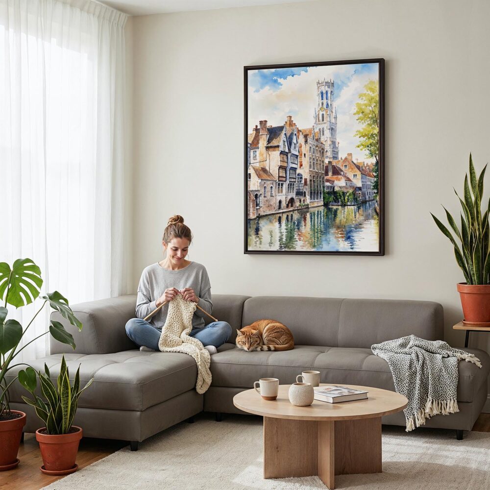 05 - Framed Bruges Belgium Watercolor Canvas Print - Woman Knitting on grey couch - Vertical.jpg 05 - Framed Bruges Belgium Watercolor Canvas Print - Woman Knitting on grey couch - Vertical.jpg