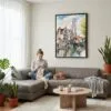 05 - Framed Bruges Belgium Watercolor Canvas Print - Woman Knitting on grey couch - Vertical.jpg