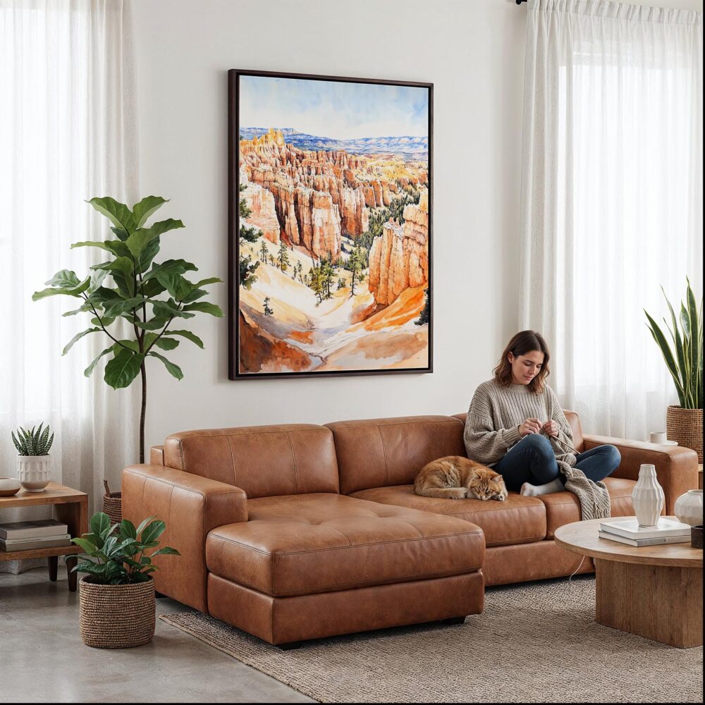 05 - Framed Bryce Canyon National Park Watercolor Canvas Print - Woman Knitting on leather couch - Vertical.jpg 05 - Framed Bryce Canyon National Park Watercolor Canvas Print - Woman Knitting on leather couch - Vertical.jpg