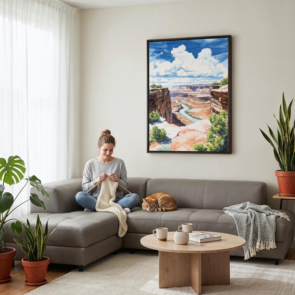 05 - Framed Canyonlands Watercolor Canvas Print - Woman Knitting on grey couch - Vertical.jpg 05 - Framed Canyonlands Watercolor Canvas Print - Woman Knitting on grey couch - Vertical.jpg