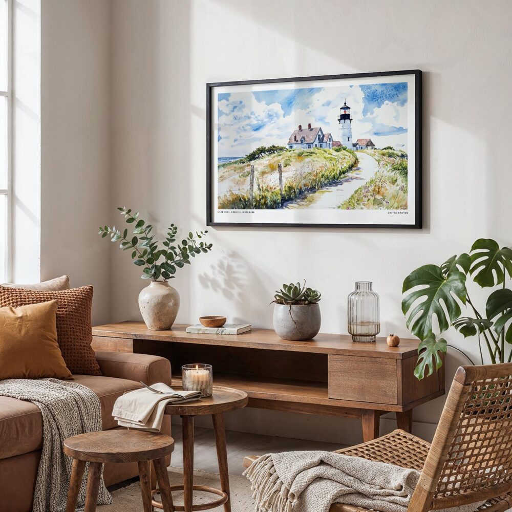 05 - Framed Cape Cod Nobska Lighthouse Watercolor - Horizontal Art Print in Boho Living Room.jpg 05 - Framed Cape Cod Nobska Lighthouse Watercolor - Horizontal Art Print in Boho Living Room.jpg