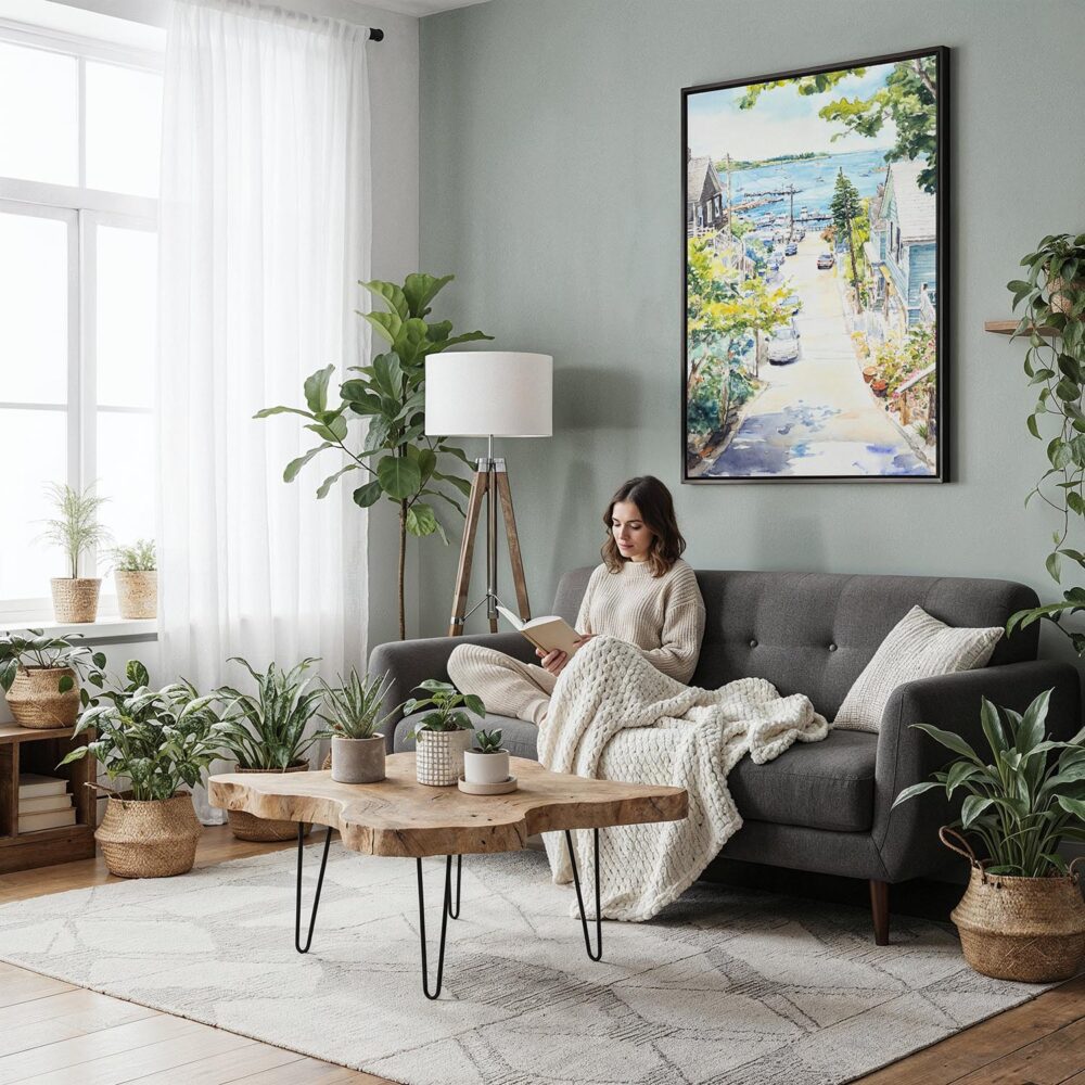 05 - Framed Cape Cod Provincetown Watercolor Canvas Print - Woman reading in Boho Living Room - Vertical.jpg 05 - Framed Cape Cod Provincetown Watercolor Canvas Print - Woman reading in Boho Living Room - Vertical.jpg