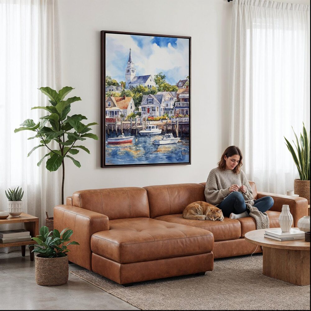 05 - Framed Cape Cod Watercolor Canvas Print - Woman Knitting on leather couch - Vertical.jpg 05 - Framed Cape Cod Watercolor Canvas Print - Woman Knitting on leather couch - Vertical.jpg