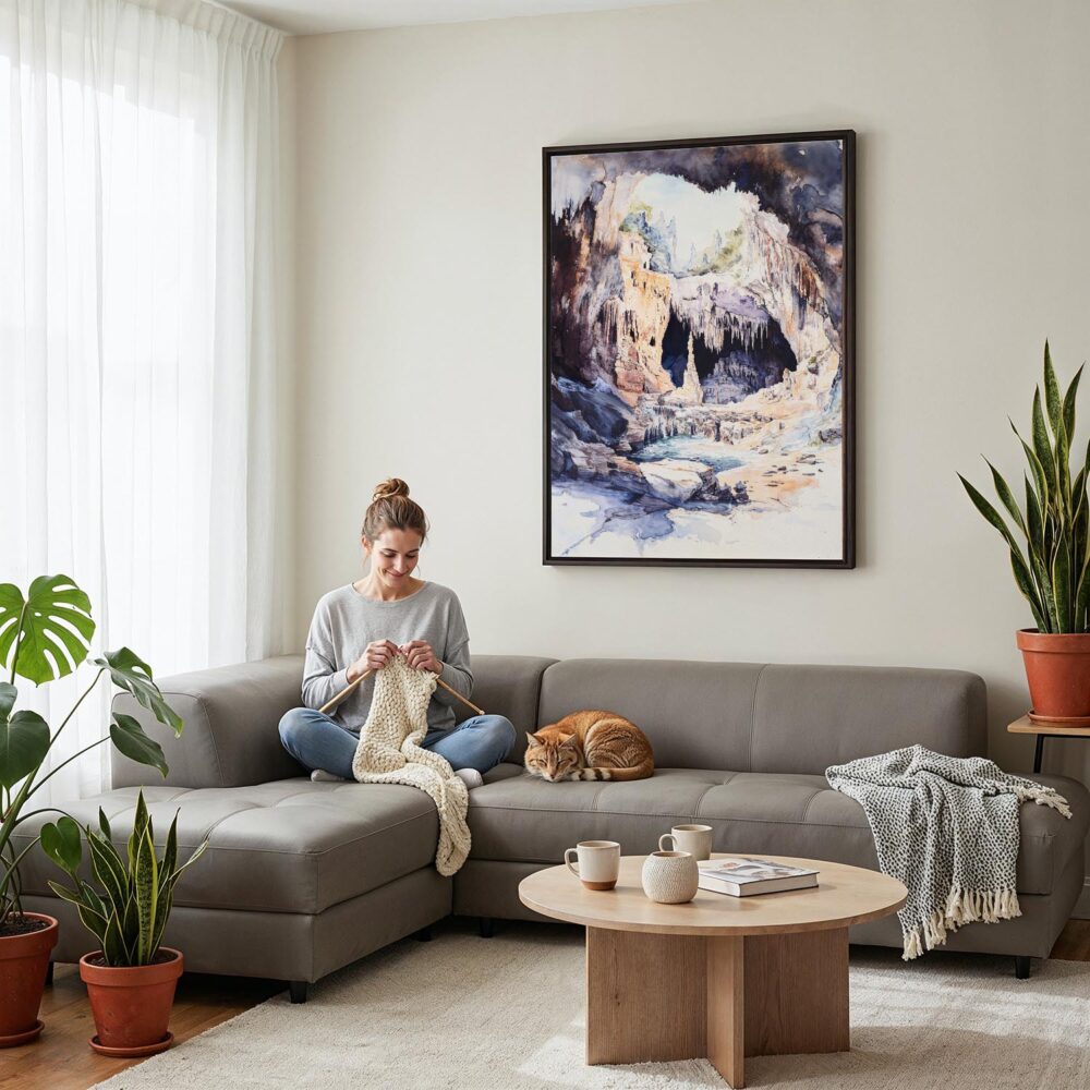 05 - Framed Carlsbad Caverns National Park Watercolor Canvas Print - Woman Knitting on grey couch - Vertical.jpg 05 - Framed Carlsbad Caverns National Park Watercolor Canvas Print - Woman Knitting on grey couch - Vertical.jpg