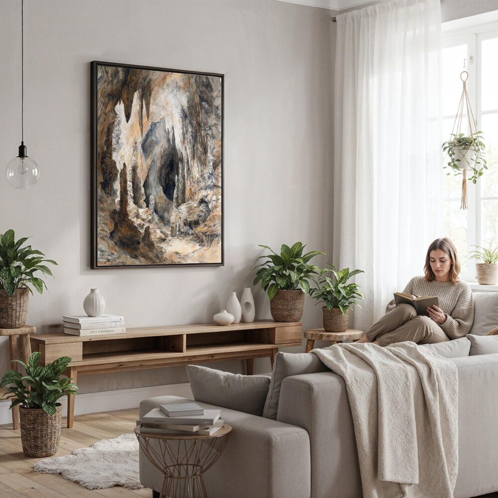 05 - Framed Carlsbad Caverns Watercolor Canvas Print - Woman reading in modern Living Room - Vertical.jpg 05 - Framed Carlsbad Caverns Watercolor Canvas Print - Woman reading in modern Living Room - Vertical.jpg