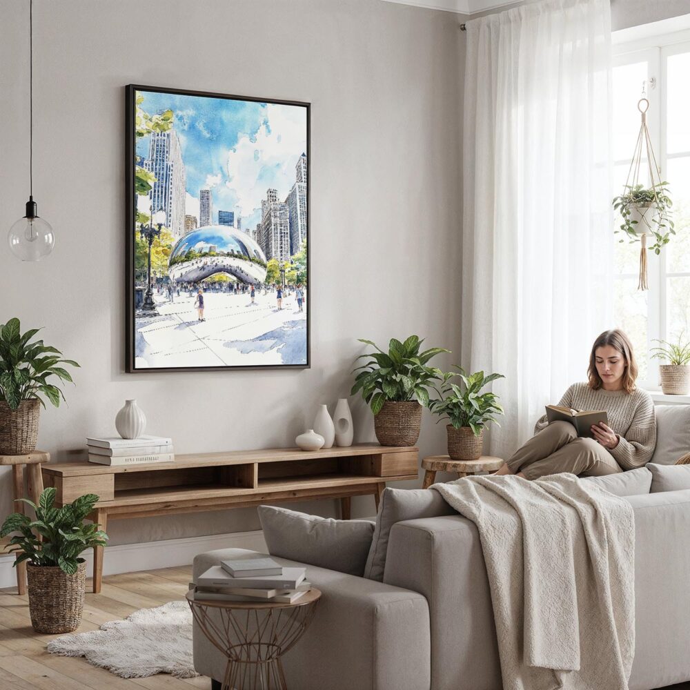 05 - Framed Chicago The Bean Cloud Gate Watercolor Canvas Print - Woman reading in modern Living Room - Vertical.jpg 05 - Framed Chicago The Bean Cloud Gate Watercolor Canvas Print - Woman reading in modern Living Room - Vertical.jpg