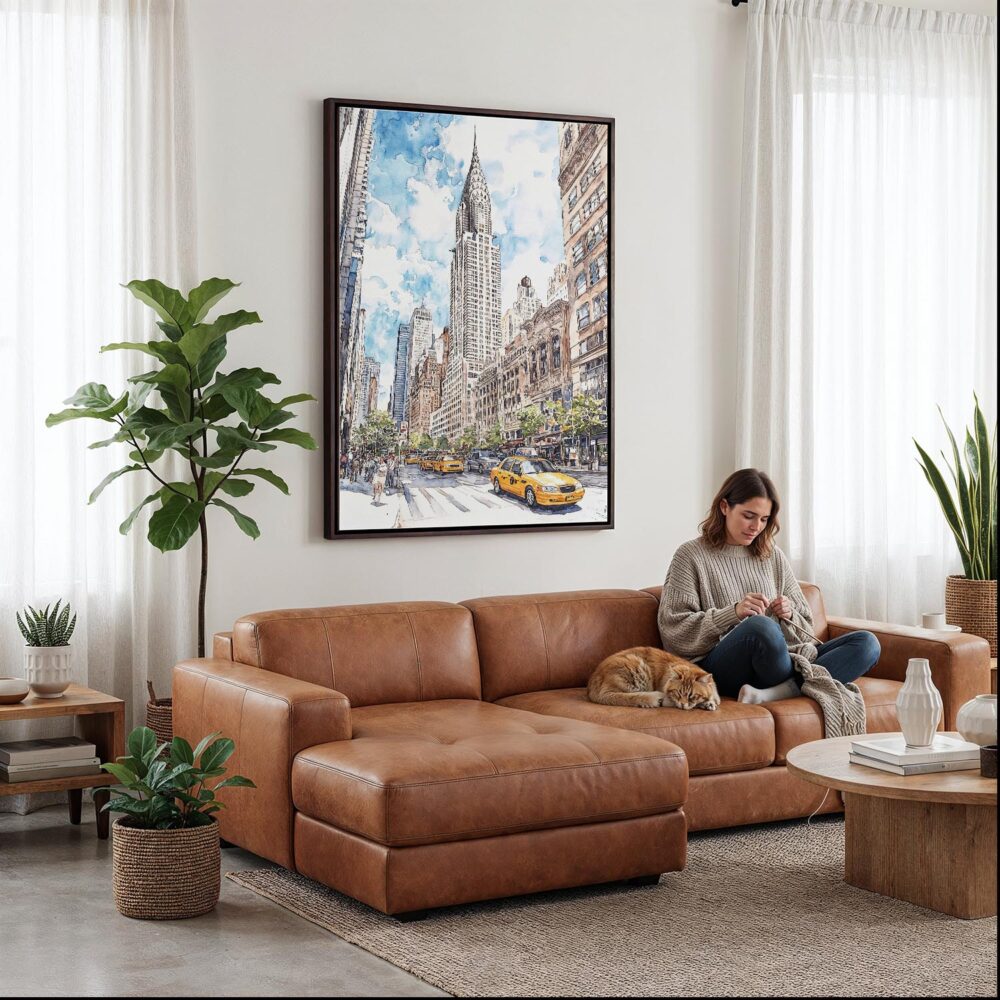 05 - Framed Chrysler Building - Watercolor Canvas Print - Woman Knitting on leather couch - Vertical.jpg 05 - Framed Chrysler Building - Watercolor Canvas Print - Woman Knitting on leather couch - Vertical.jpg