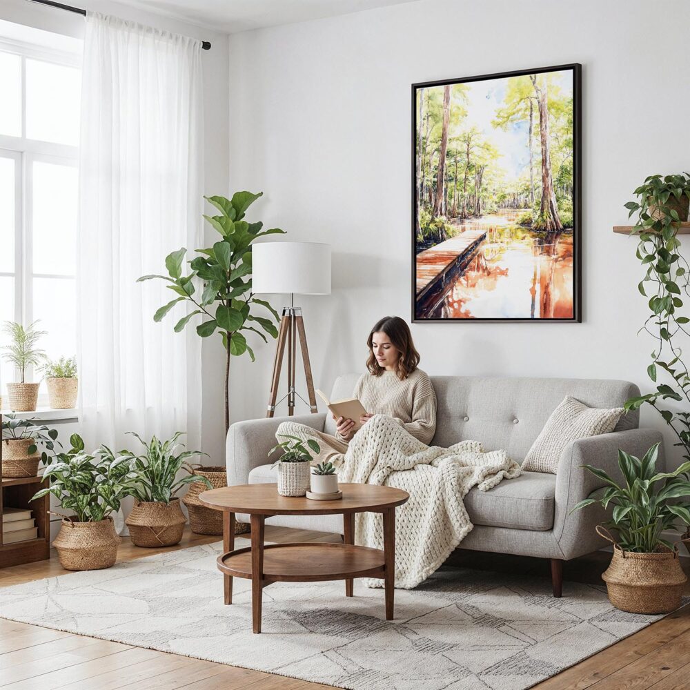 05 - Framed Congaree National Park Watercolor Canvas Print - Woman reading on couch - Vertical.jpg 05 - Framed Congaree National Park Watercolor Canvas Print - Woman reading on couch - Vertical.jpg