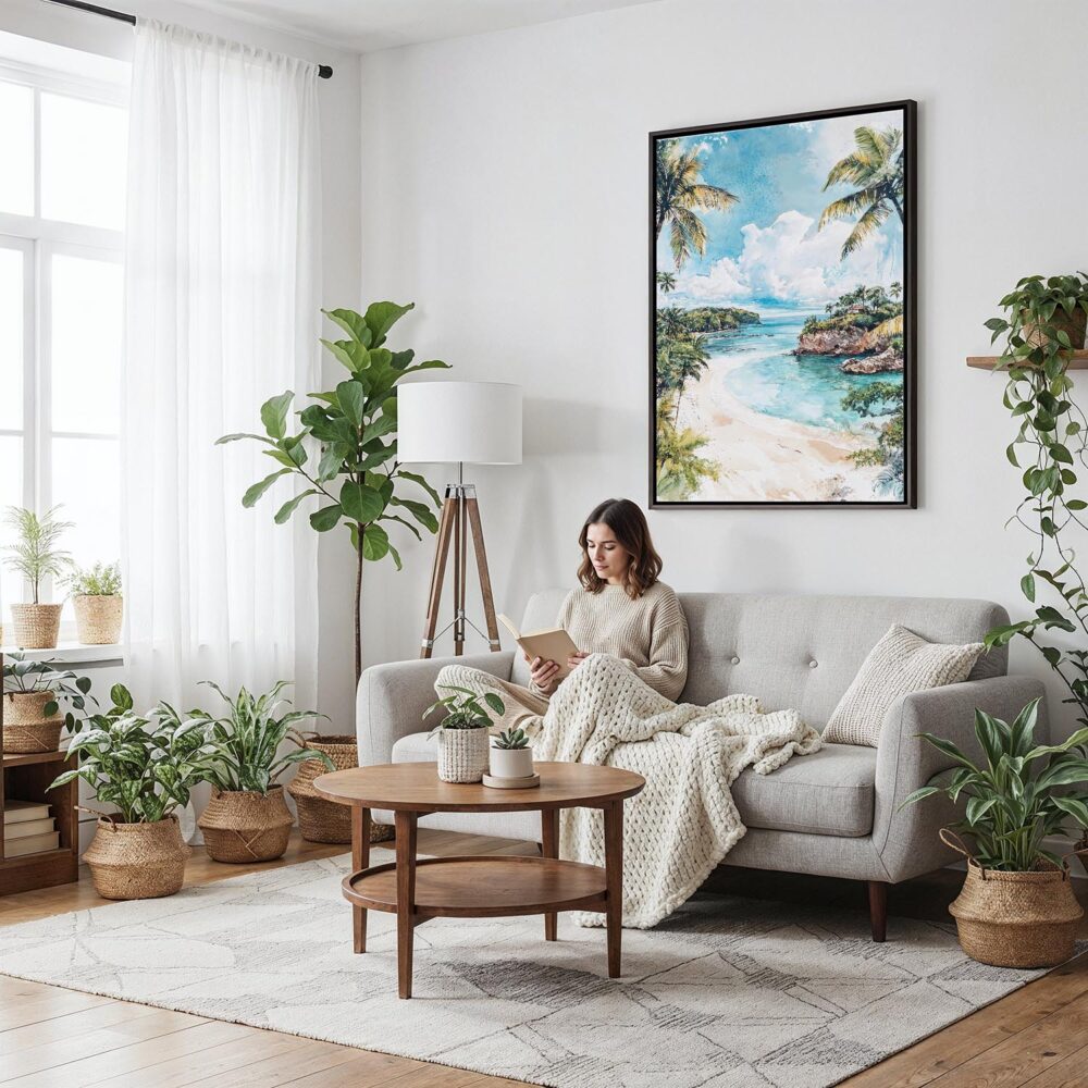 05 - Framed Costa Rica Playa Dominical Watercolor Canvas Print - Woman reading on couch - Vertical.jpg 05 - Framed Costa Rica Playa Dominical Watercolor Canvas Print - Woman reading on couch - Vertical.jpg