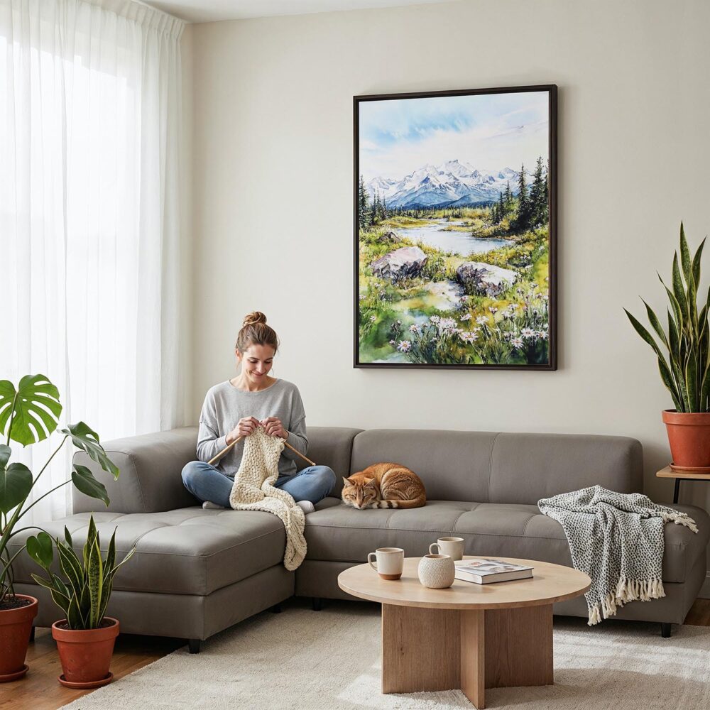 05 - Framed Denali National Park Watercolor Canvas Print - Woman Knitting on grey couch - Vertical.jpg 05 - Framed Denali National Park Watercolor Canvas Print - Woman Knitting on grey couch - Vertical.jpg