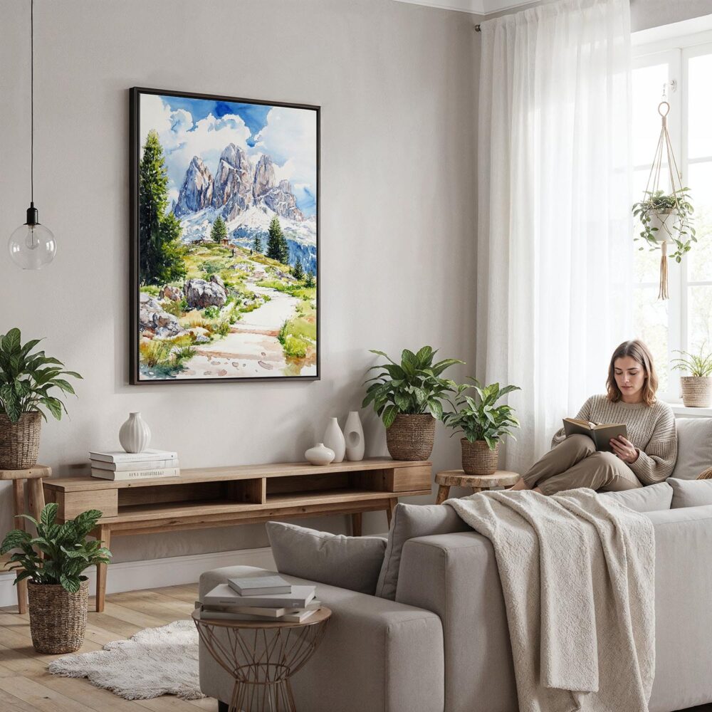 05 - Framed Dolomites Hiking Watercolor Canvas Print - Woman reading in modern Living Room - Vertical.jpg 05 - Framed Dolomites Hiking Watercolor Canvas Print - Woman reading in modern Living Room - Vertical.jpg