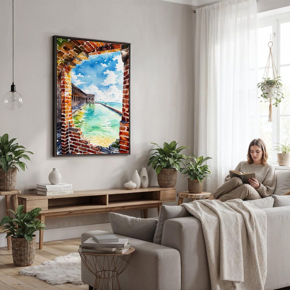 05 - Framed Dry Tortugas National Park Watercolor Canvas Print - Woman reading in modern Living Room - Vertical.jpg 05 - Framed Dry Tortugas National Park Watercolor Canvas Print - Woman reading in modern Living Room - Vertical.jpg