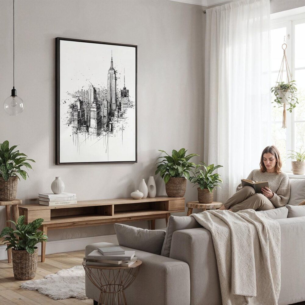05 - Framed Empire State Building - Pencil Drawing Canvas Print - Woman reading in modern Living Room - Vertical.jpg 05 - Framed Empire State Building - Pencil Drawing Canvas Print - Woman reading in modern Living Room - Vertical.jpg
